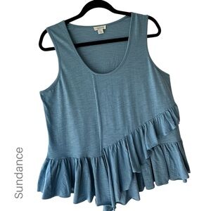 SUNDANCE NWOT AZIZA COTTON ASYMMETRICAL RUFFLE TOP SCOOP NECK BLUE | LARGE